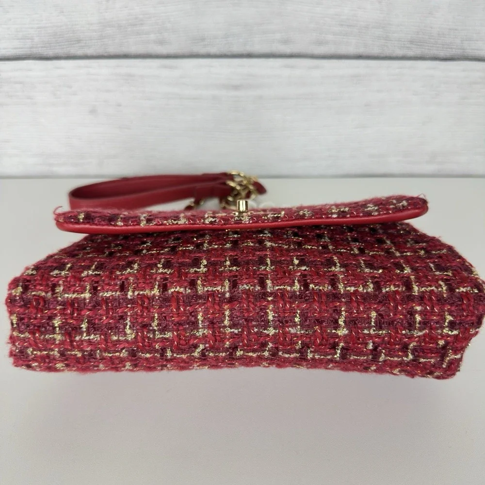 Badgley Mischka Woven Tweed‎ Messenger Bag Gold Red Coquette Pearls Chain